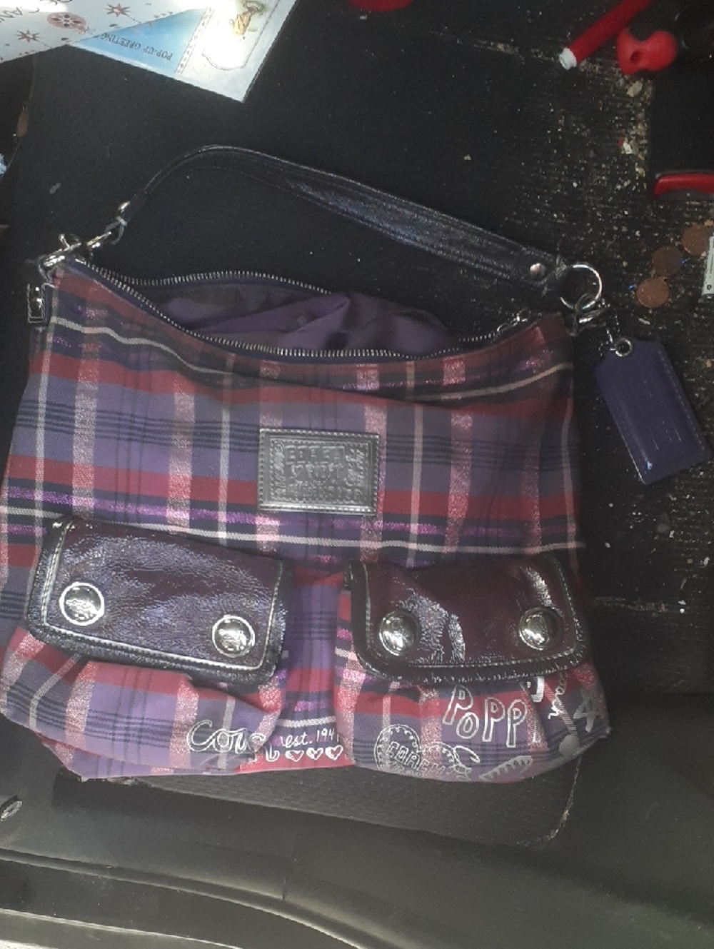 COACH POPPY Purple Plaid Shoulder Bag with Front Pockets
